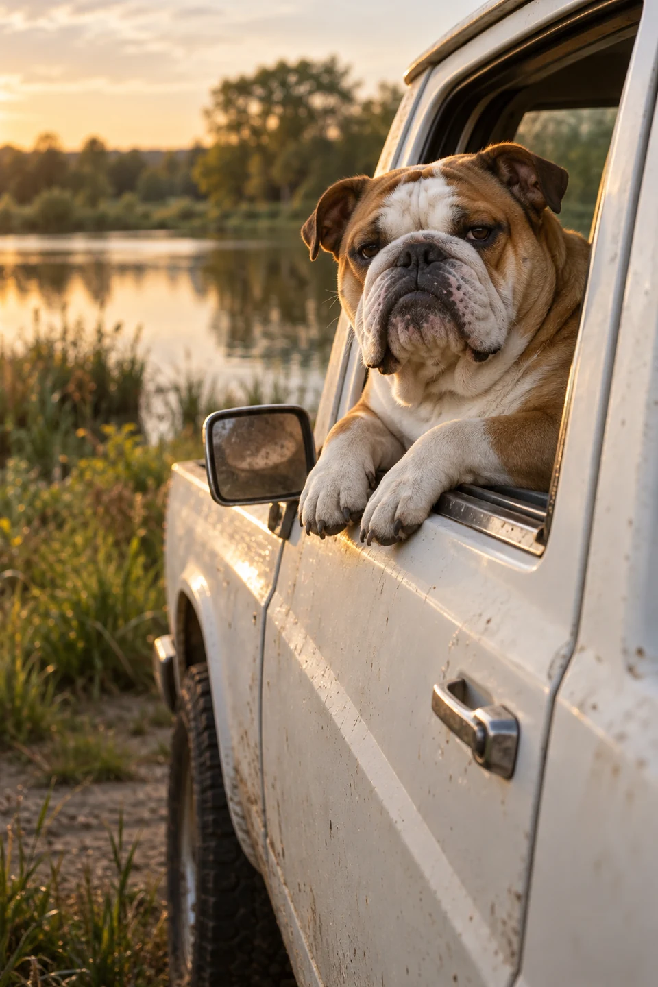 Original AI scene concept of a bulldog at the window of a white pickup by a pond.